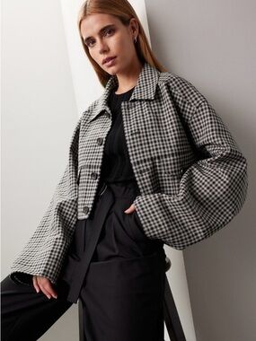 Tibi Cropped Menswear Check Print Black White Jacket size XS